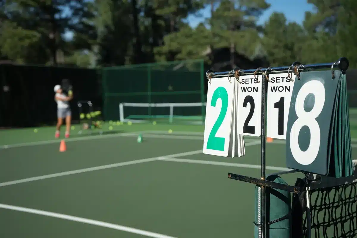 Panchina vuota vicino al campo da tennis con racchetta e asciugamano