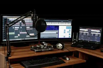 Mani che tengono un microfono e un taccuino in uno studio podcast sfocato