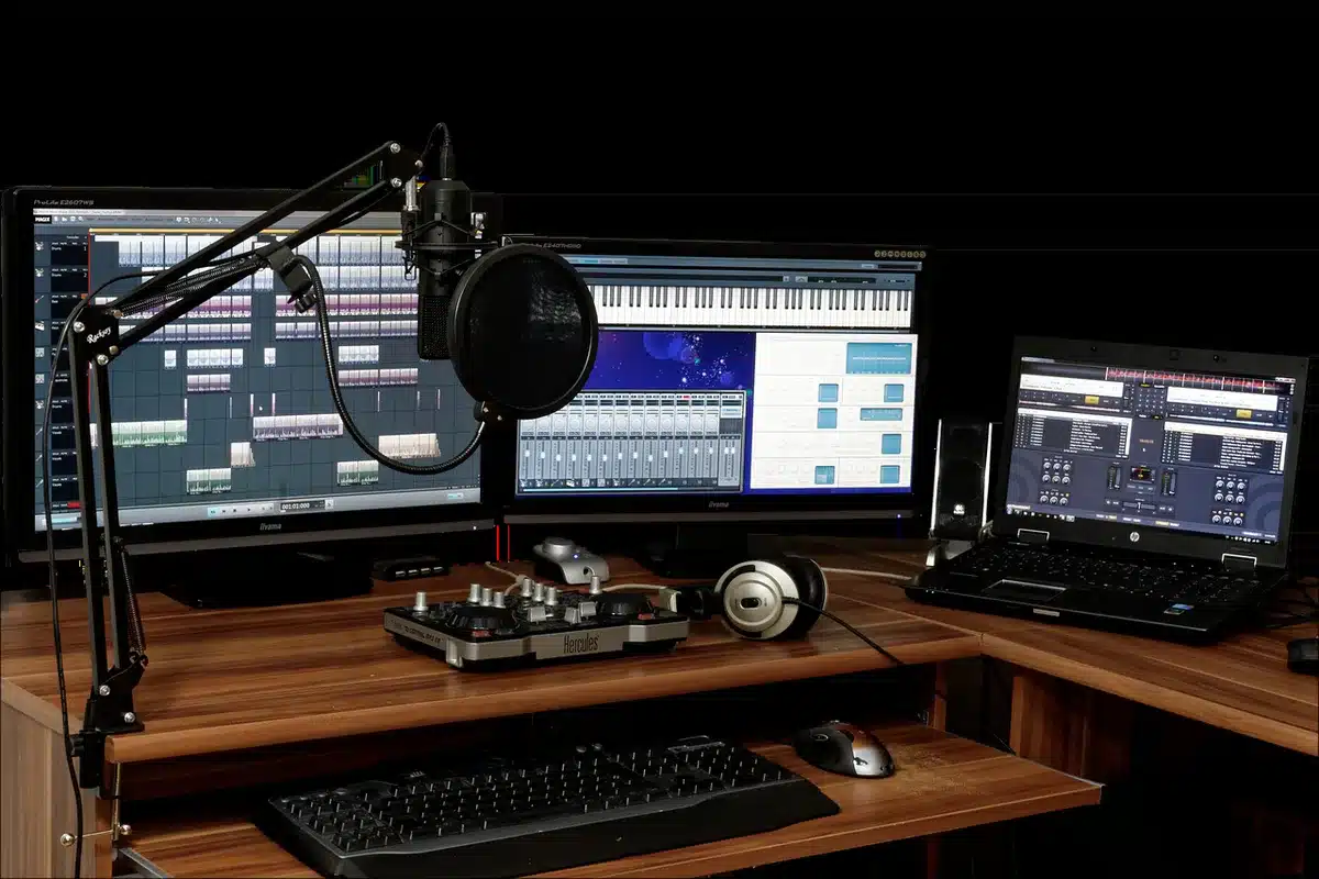 Mani che tengono un microfono e un taccuino in uno studio podcast sfocato